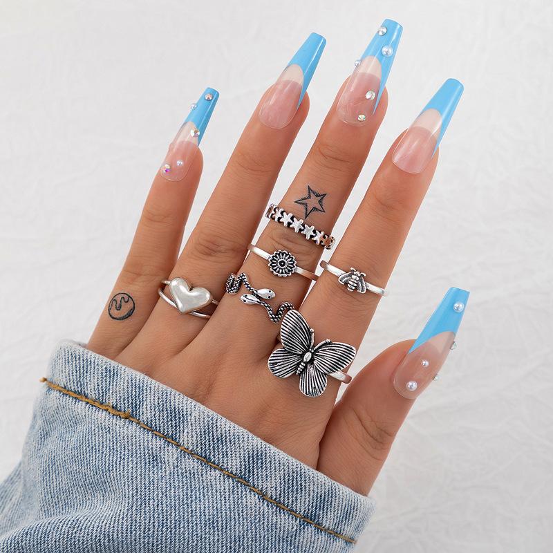 European and American punk dark butterfly skull cut-out face ring multi-piece set personality trend distressed ring set
