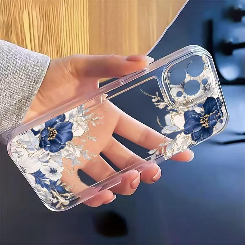 Przezroczyste Etui na Telefon z Wzorem Niebieskich i Białych Kwiatów Dla iPhone 17 16 15 14 Pro Max 13 12 11 XS X XR 7 8 Plus 16e 17Air Miękki Pokrowiec TPU