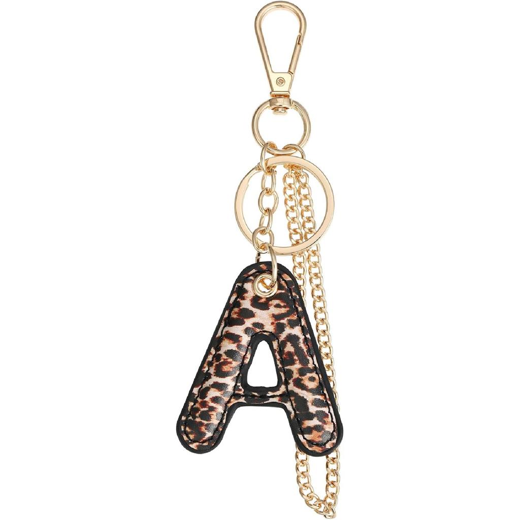 Leopard Letter Keychain for Women, PU leather Initial Letter Keyring Keychain Accessories Purse Handbags Charm