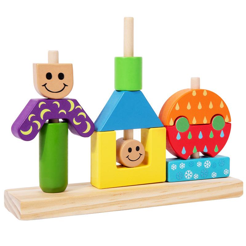 Montessori Shape Recognition Stacking Blocks - Educational Day & Night Wooden Toy for Kids