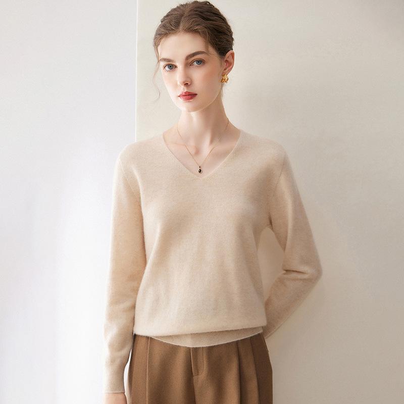 Women's 100% Pure Cashmere V-Neck Long Sleeve Pullover Sweater for Spring and Autumn.