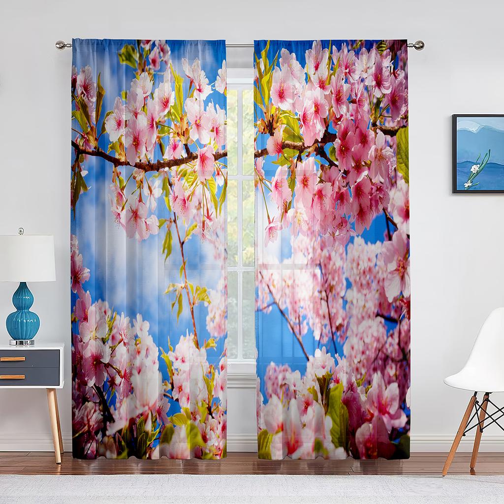 Cherry Blossom Sheer Voile Curtain Floral Sakura Blossom Pink Flower Window Tulle Curtains for Living Room Bedroom Kitchen Decor