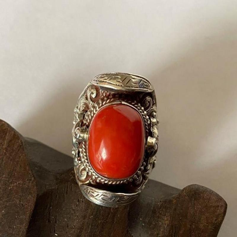 Новое серебряное инкрустированное южно-красным турмалином этническое геометрическое мужское кольцо регулируемое грубое и властное высококачественное resizable