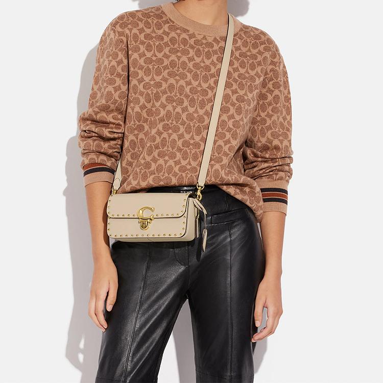 Coach Studio 20 Lock Closure Studded Decor Glove Tanned Leather Tote Shoulder Bag Small Women handbags Ivory CE763-B4IY