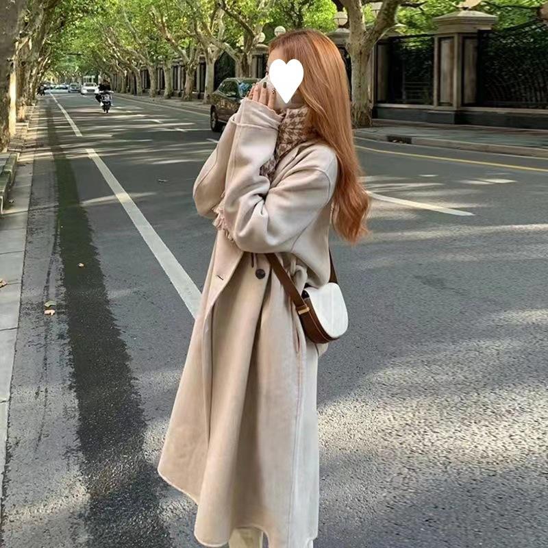 Double-sided Fleece Woolen Coat for Women, Mid-length Thickened, Hepburn Style Woolen Coat for Short People in Autumn and Winter