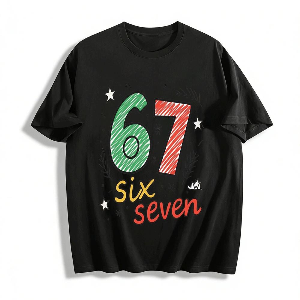 

Playful Hand-painted Number 67 Print Casual T-shirt Unisex Daily Top Pure cotton T-shirt XXS