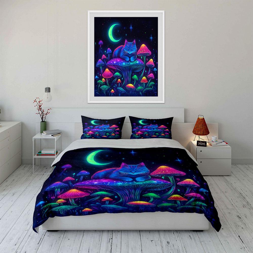 Dreamy Cat and Glowing Mushrooms Print Bedding Set 1 Duvet Cover 2 Pillowcases for Adult and Children Luxury Gift Full Size