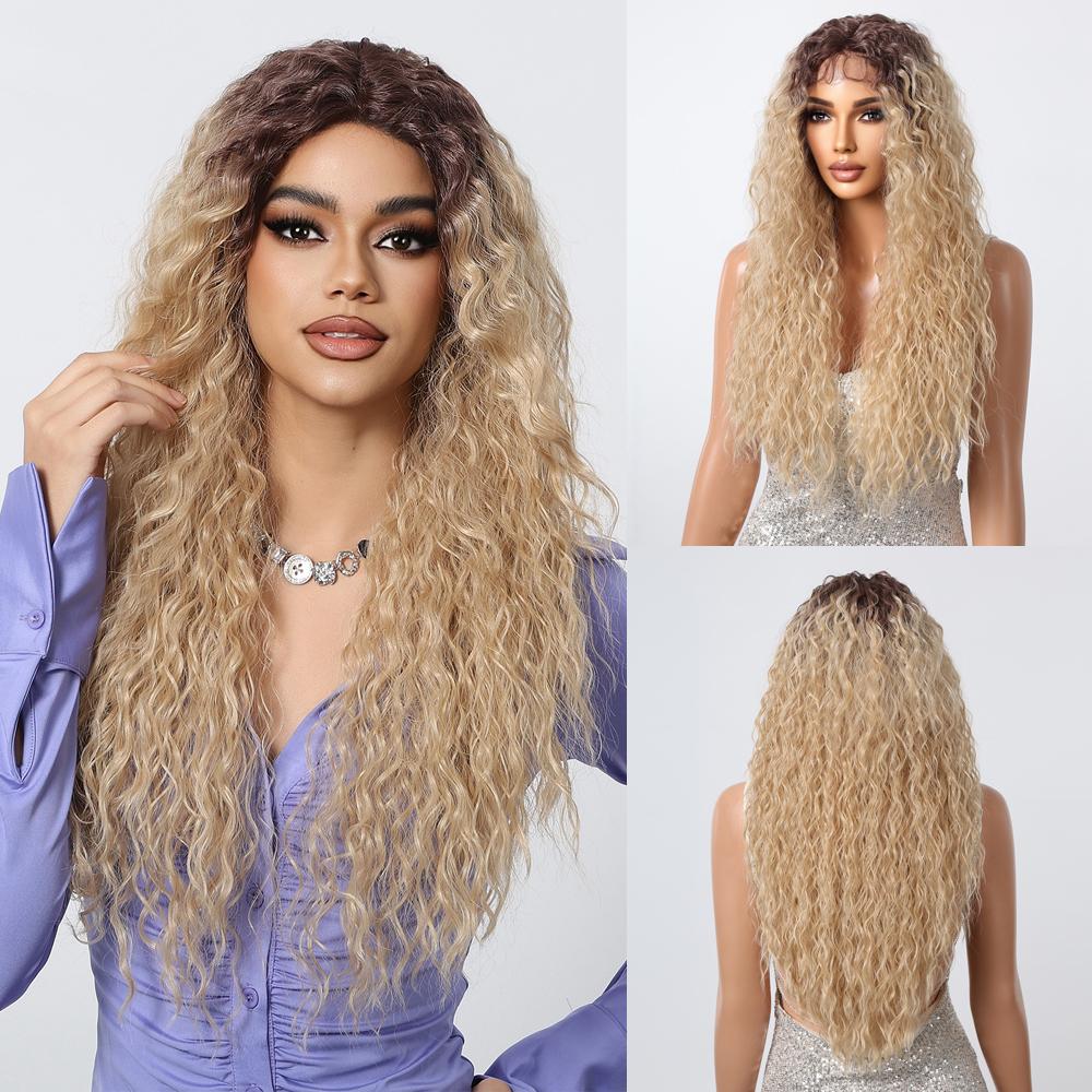 

Блондинка вьющиеся кружевные фронтальные парики с коричневым корнем длинные волнистые парики из синтетических волос женские косплей вечерние парик фронта шнурка термостойкое волокно