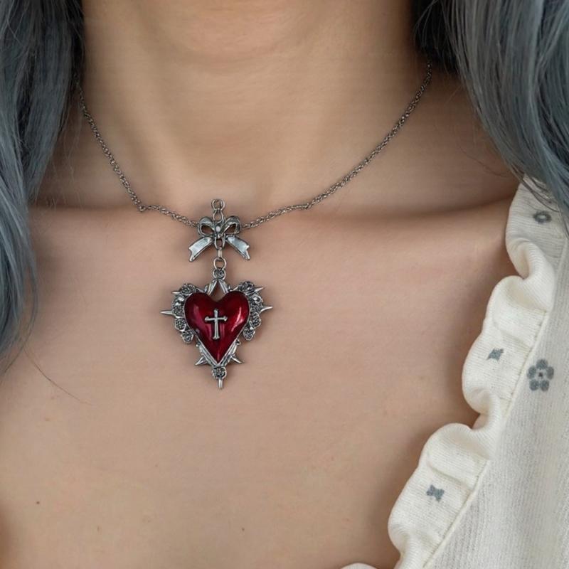Fashionable Dark Styles Gothic Necklace with Heart Bowknot and Crosses Pendant Portable Accessory for Fashionistas