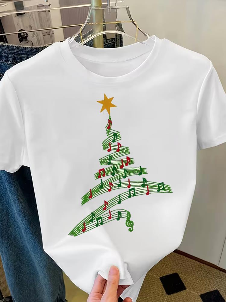 (Asian Size) Sweet Cute Merry Christmas Short Sleeve T-shirts Women's Top O-neck T Shirt Print Fashion Casual New Year Clothing Graphic Tee