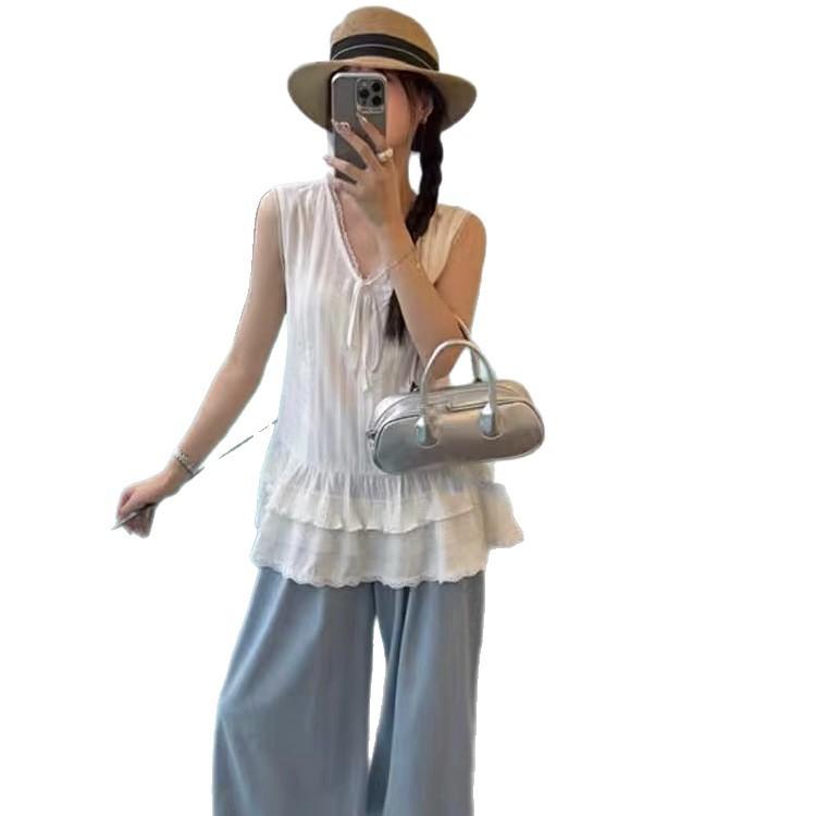 Stacked Sleeveless Vest Skirt Women's Summer French Babes Bow Lace Edge Suspender Base White Inner Top