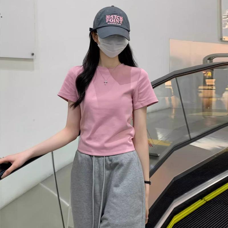 Shirt Women's Summer Short Sleeve High Waist Slim Skinny Solid Color Shoulder Short Sleeve Top Bottom Shirt
