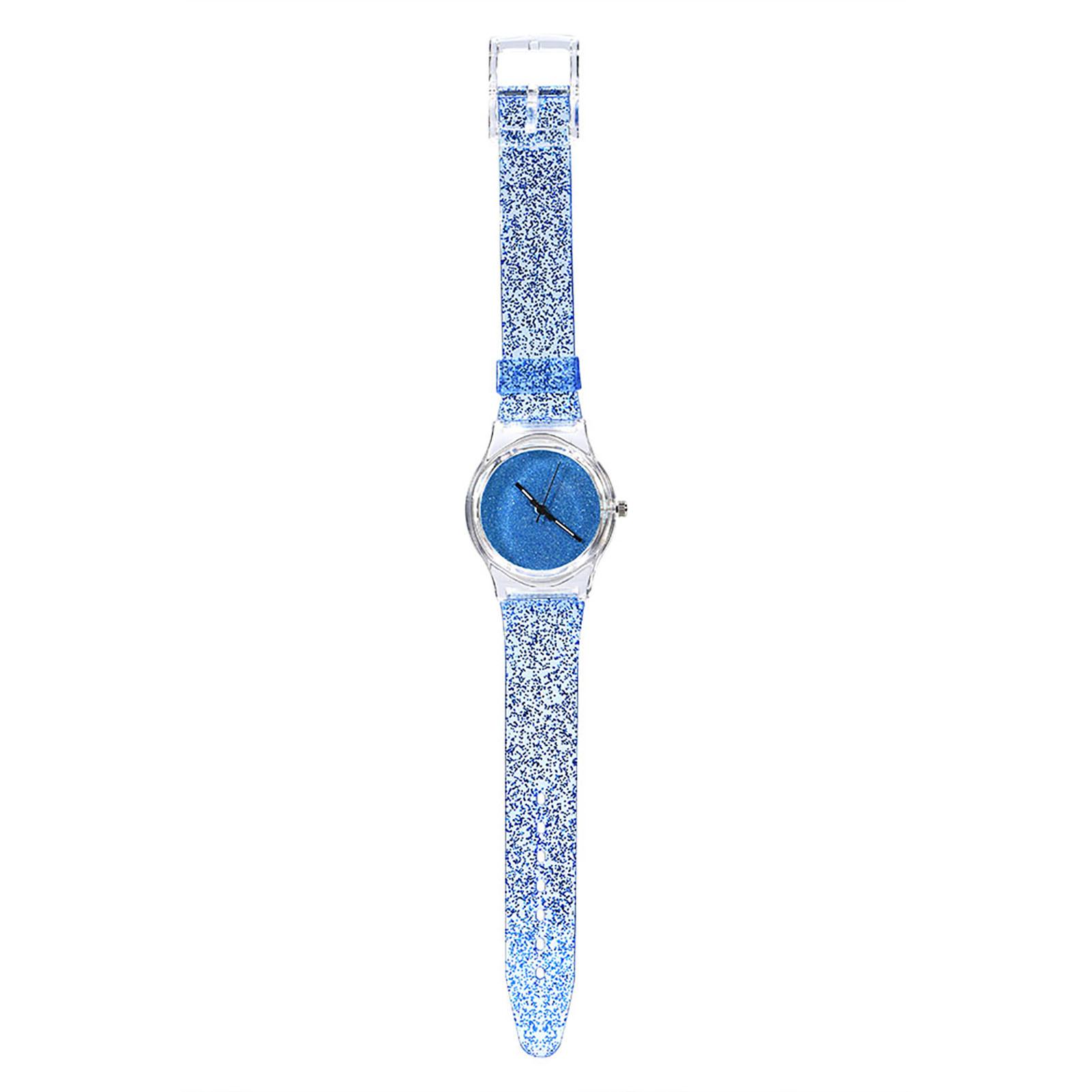 

Female Quartz Wrist Watch Round Plastic Strap Glitter Powder Wristwatch (Blue)