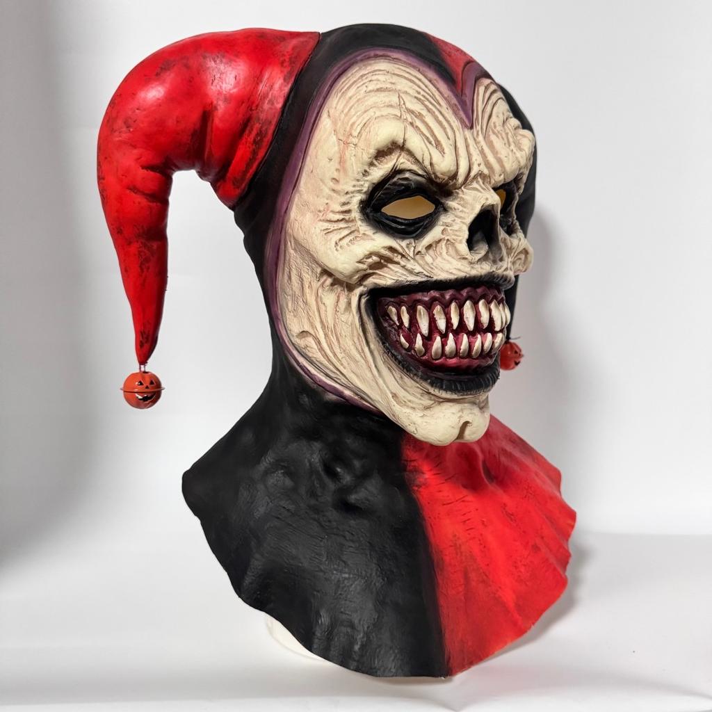 Halloweenská klaunská maska, dvourohý klaun, klaun se zvonkem
