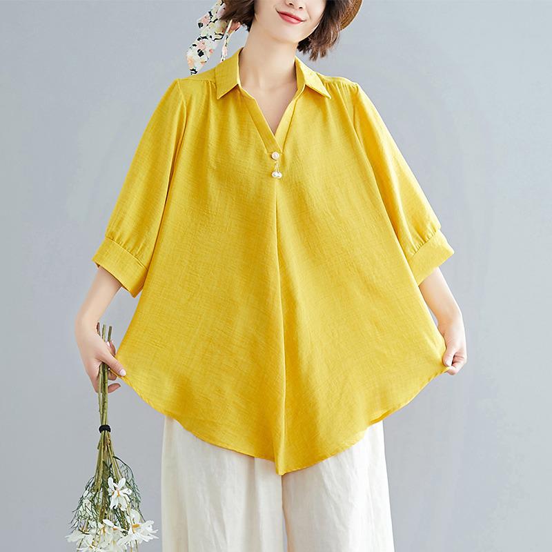 2026 Stylish Cotton Linen V-Neck Casual Plus Size Shirt with Belly Coverage and Wide Hem