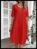 Women V Neck Half Button Midi Dress Short Sleeve Linen Cotton Loose Straight Dress With Pockets Casual Summer Vacation Dress