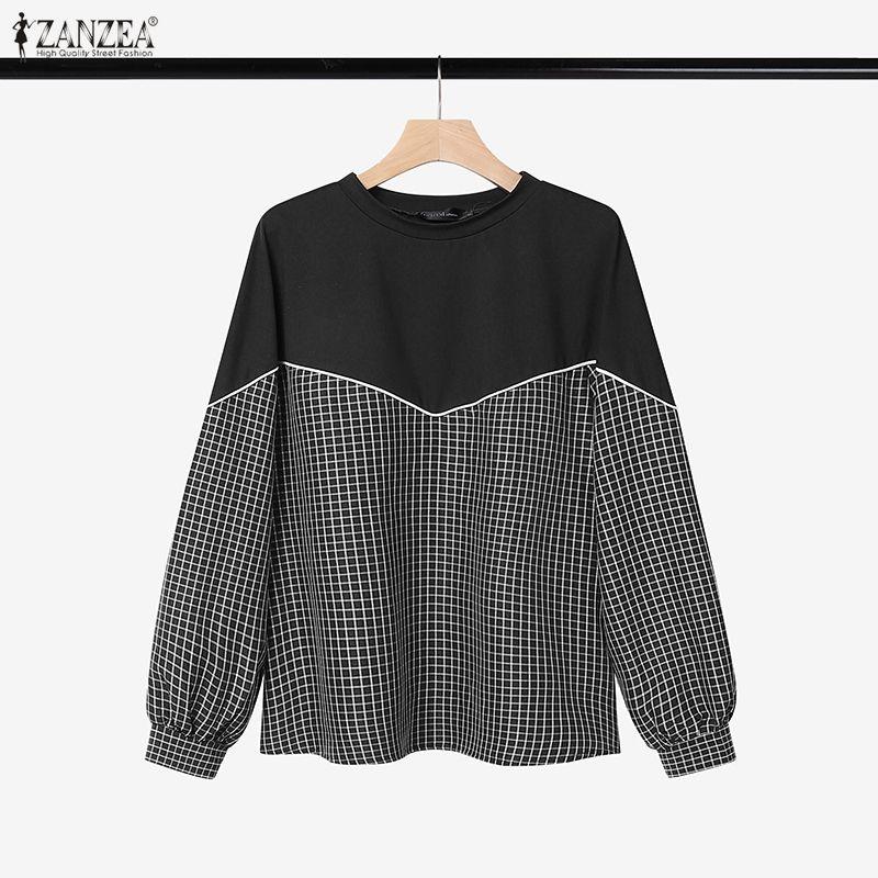ZANZEA Women Long Sleeve Round Neck Plaid Splicing Casual Basic Pullover Tops Blouse