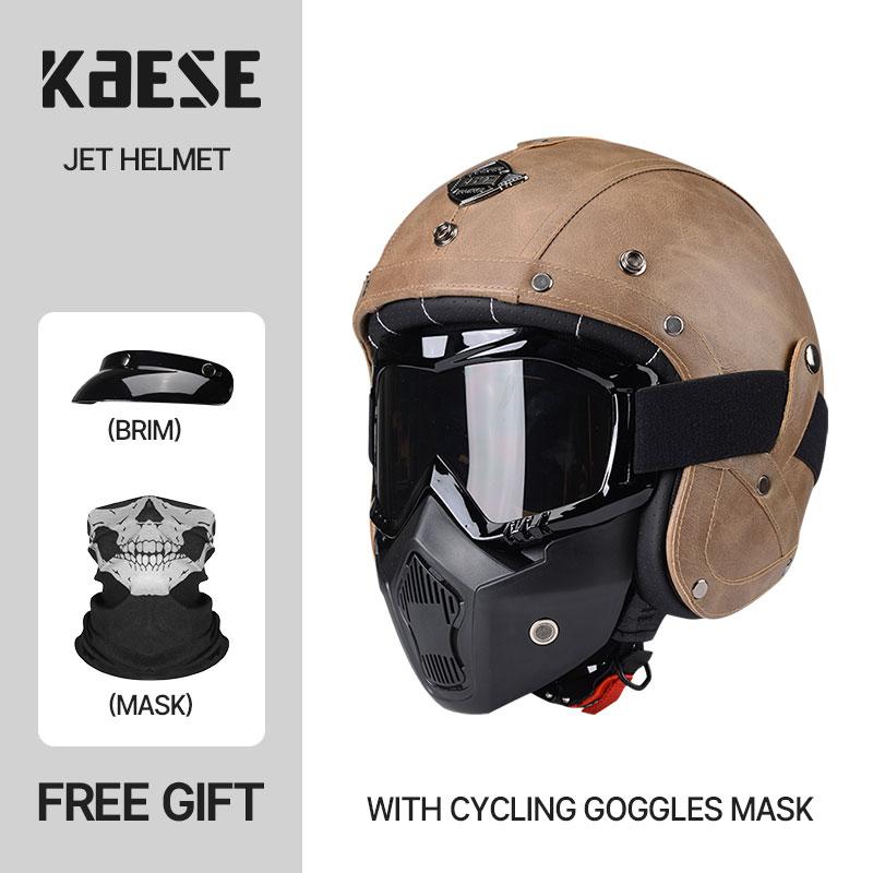 Newest Black Leather Open Face Motorcycle Helmet With Mask Scooter Riding Caque Classic Electric Motorbike Jet Cascos Para Moto