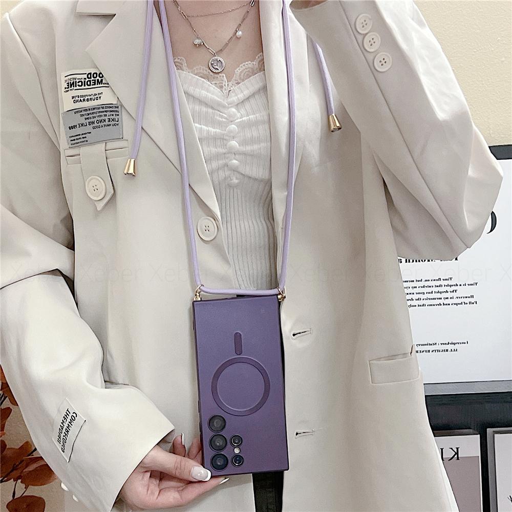Lanyard Crossbody Necklace Magnetic Charge Case For Samsung S25 S24 S23 Ultra S22 S21 Plus S20FE 20 Matte Cover For Magsafe