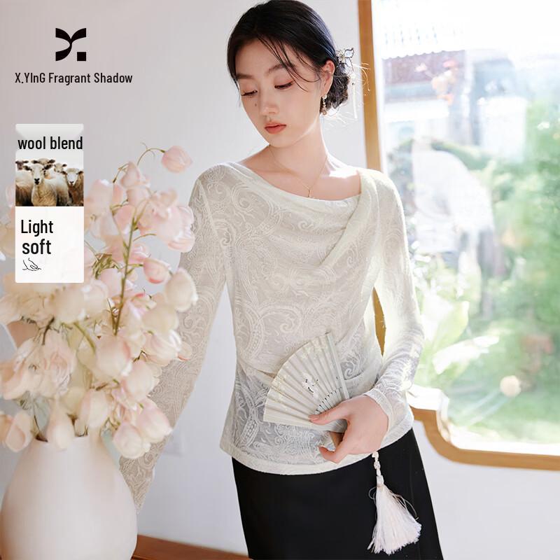Xiangying Women s Mesh Drape Neck Floral T-Shirt S