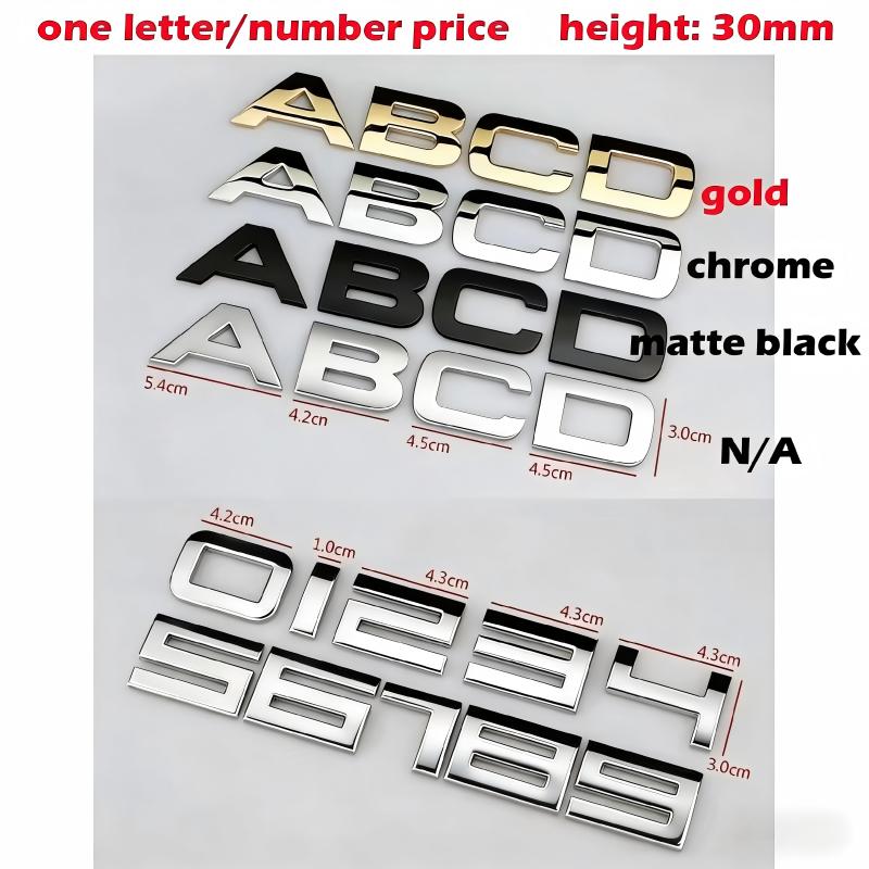 ABAS1 25mm 30mm DIY 26 Buchstaben 10 Zahlen Alphabet Metallemblem für Alle Autos Game Over Kofferraum Kotflügel Namensschild Logo Aufkleber