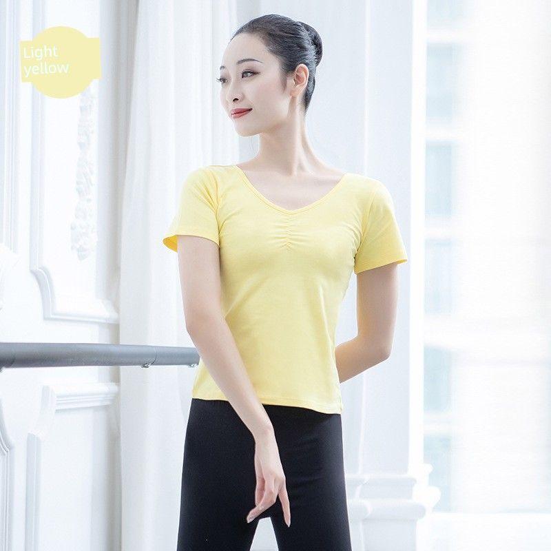 

Yoga Clothes Long Sleeves Tops Female Adult V Neck T-shirt Art Test Physical Exercise Clothes Modern Dance Basic Style Dance Costume Short Sleeve-light yellow 5XL