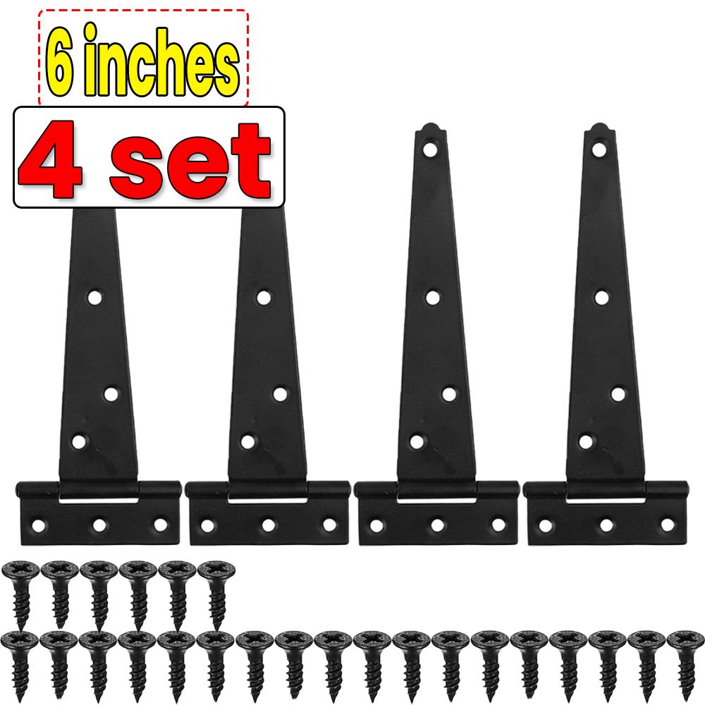 3/4/6 Inch Black T-Strap Hinges Rustic Gate Strap Hinge Rustproof Gate Door Black Hinges for Windows, Fence and Barn Gates
