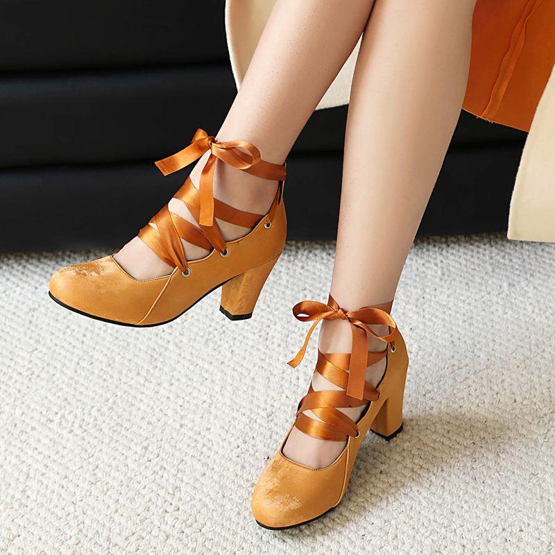 Fashion 2025 Fashion Female Pumps Round Toe Block Heels 7.5cm Lace Up Plus Size 45 46 47 Mary Janes Women Dating Shoes