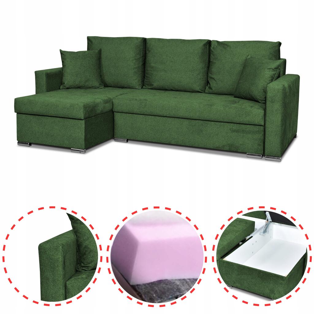 Bella Corner Sofa Bed with Sleeping Function, Corner Sofa, Family Furniture, Green Velvet
