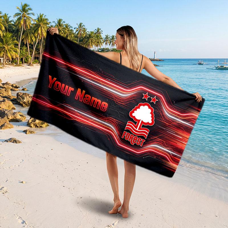 Nottingham Forest Custom Beach Towel, Personalized Name Text Print, Football Logo Soft Quick‑Dry Towel Holiday Gift