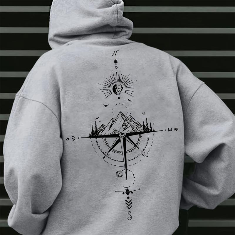 Vintage Compass Print Hoodies for Men High Quality Hooded Long Sleeve Pullover Daily Casual Sports Tops Men's Clothes