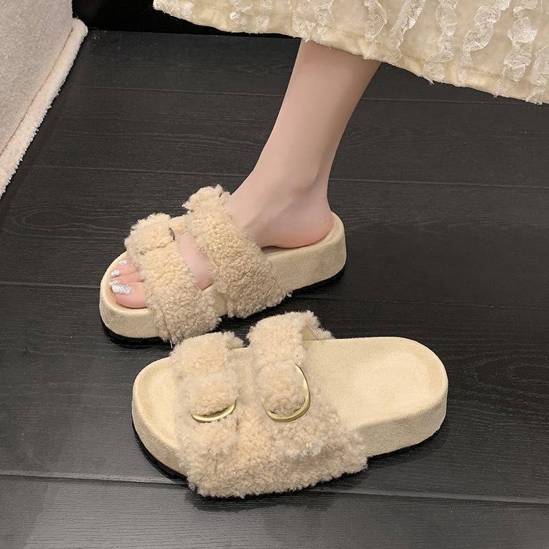 Internet celebrity thick bottom one-word button fluffy slippers women's wear 2025 autumn and winter new velvet warm non-slip Birkenstock cotton mop