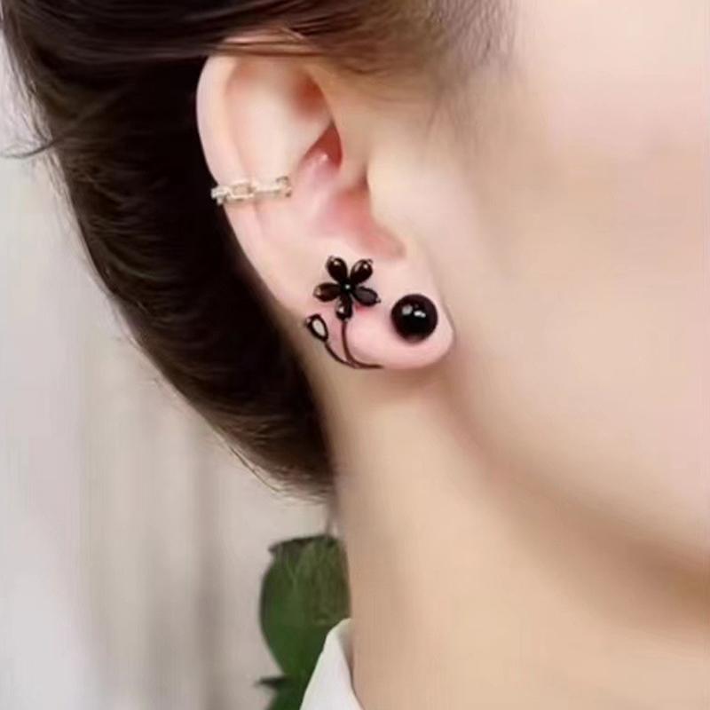 Vintage Black Zircon Flower Pearl Stud Earrings For Women Korean Elegant Personality Earrings Wedding Party Jewelry Gift Mujer