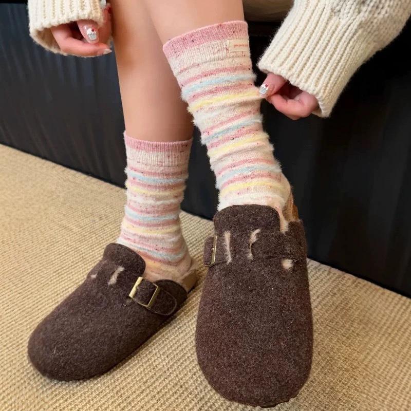 Women's Winter Thick Warm Stripe Matching Color Contrast Wool Mid Tube Socks