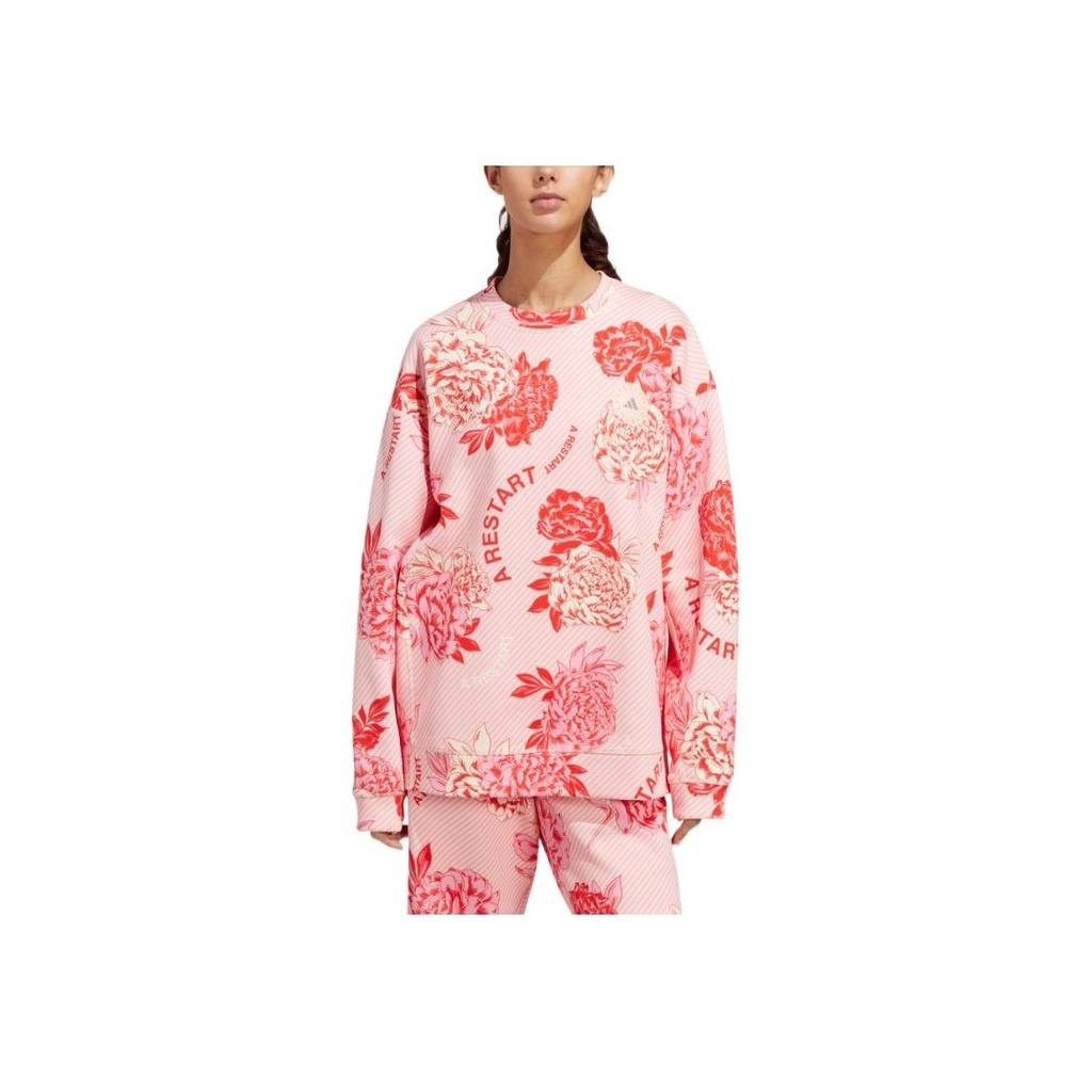 Adidas Floral Print Logo Patch Crew Neck Pullover Sweatshirt Women Tops Pink HR8080