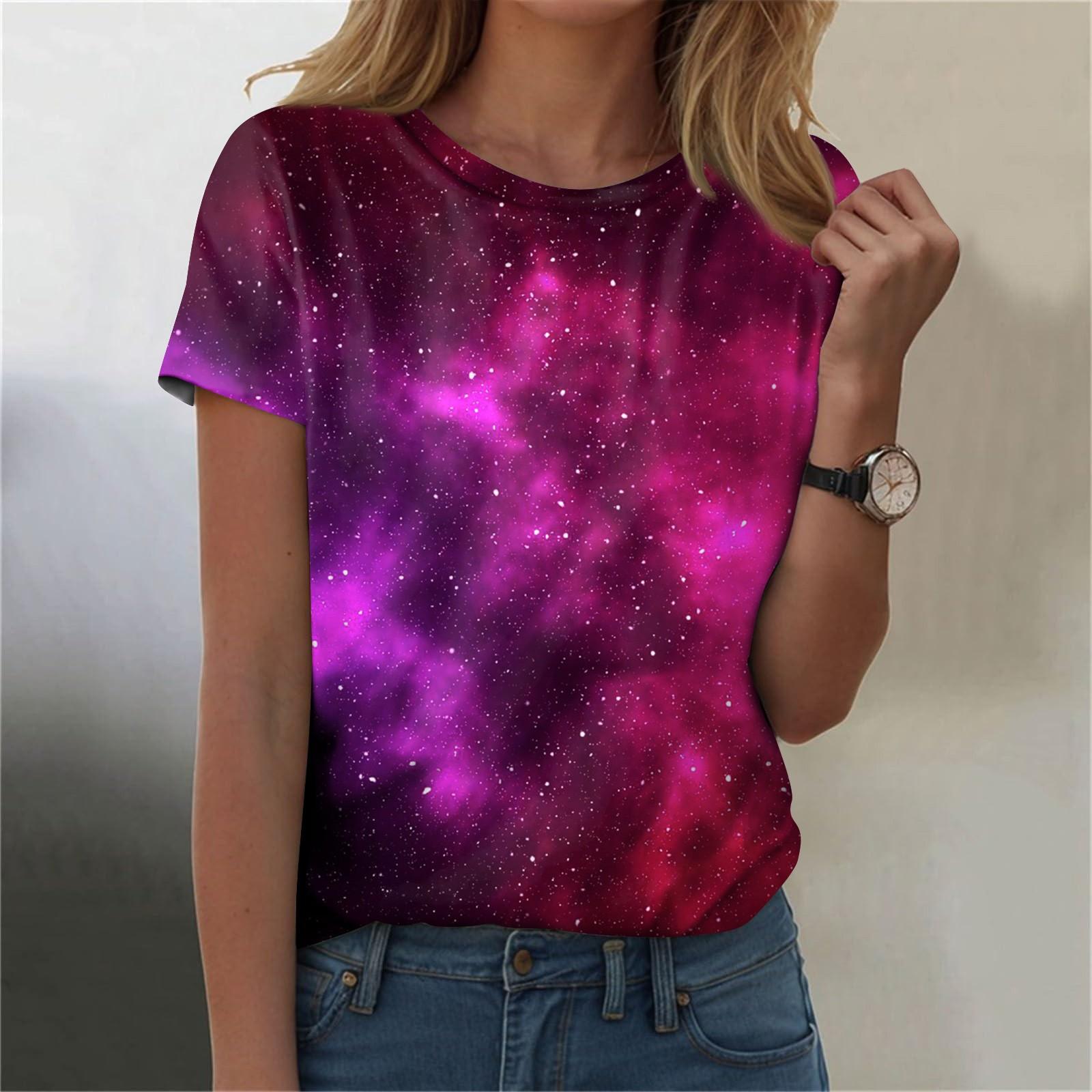 

Женская мода повседневная футболка с круглым вырезом и короткими рукавами с принтом неба XXXL красный