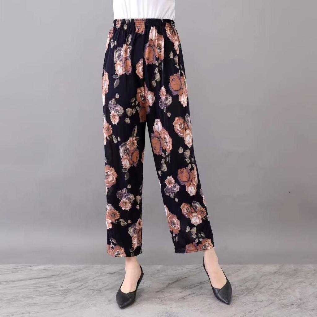 Casual Summer Women's Plus Size Ice Silk Stretch Pants - Loose, High Elastic Waist for Middle-Aged and Elderly