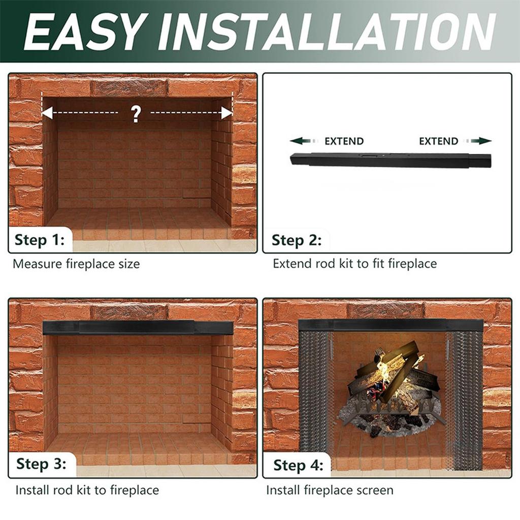 J11N Adjustable Fireplace Rod Kit Install To Leveling The Fireplace Mesh Black Metal For Fireplace Spark Screen