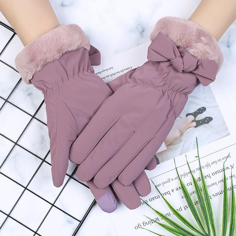 Winter Warm Gloves for Women with Velvet Waterproof Windproof Outdoor Cycling Touchscreen Butterfly Knot Cotton Gloves