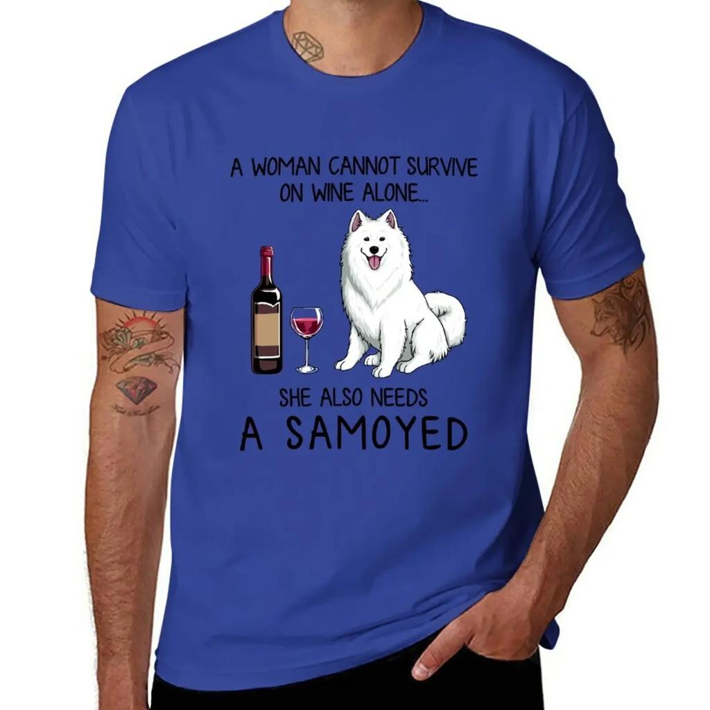 Samoyed and wine Funny gift for dog mom T-Shirt quick-drying tees summer top men clothes