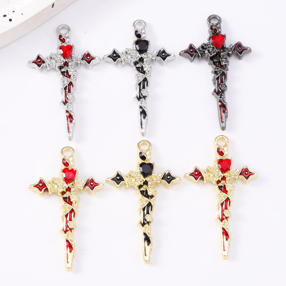5pcs Gothic Cross Charms Zircon Love Heart Rose Pendant for Jewelry Making Necklace Earrings DIY Metal Punk Jewelry Accessories