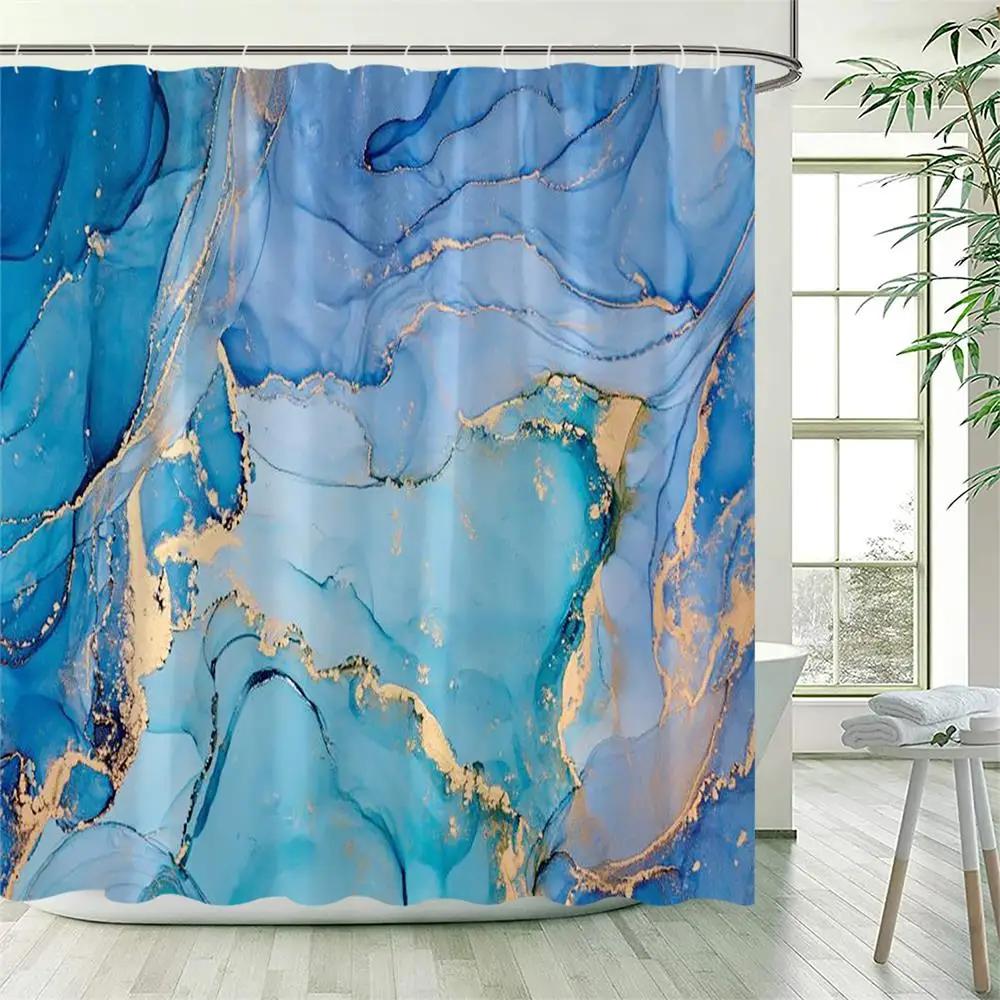 Abstract Marble Shower Curtains Black Green Textured Gold Crackle Modern Geometric Pattern Bathroom Curtain Decor Set with Hooks