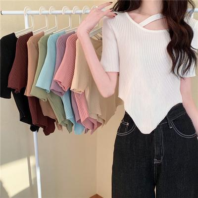 Design Sense Irregular Exposed Collarbone Versatile Chic Short Section Knit Short-sleeved Tops Casual Essential Comfort Style Slim Fit Pullovers Tees