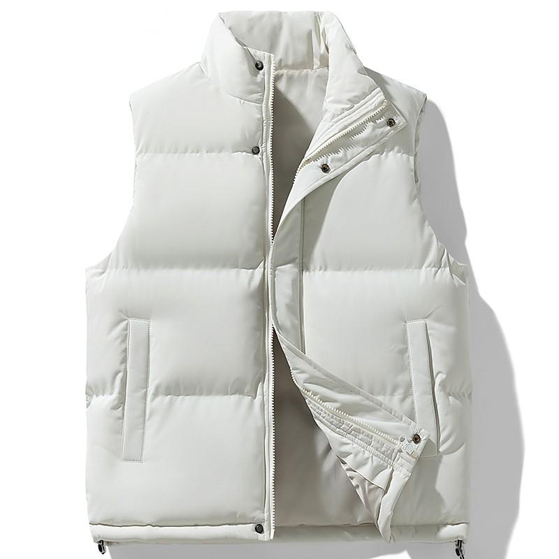 Men's Fall/Winter Plus-Size Stand-Up Collar Sleeveless Down-Filled Cotton Vest—Solid-Color Warm Outerwear Vest