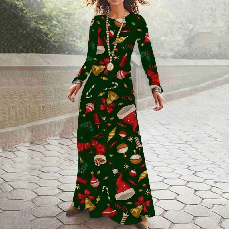 

Весенне-осеннее женское платье с длинным рукавом, рождественское повседневное женское платье с принтом, темпераментное элегантное платье S зелёный
