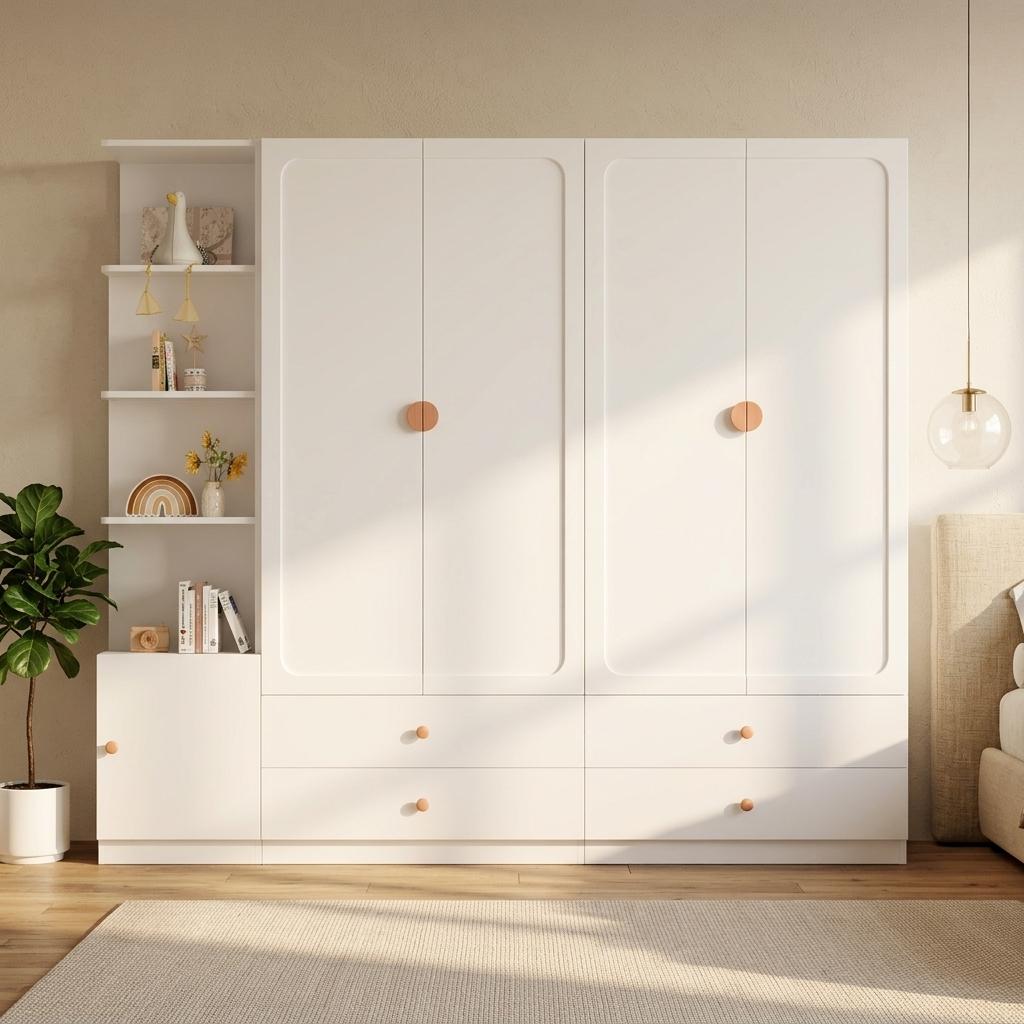 Large Wardrobe, White, 200 x 225 x 45 cm, with 3 Clothes Rails, 4 Drawers, Storage Space, for Bedroom, Children's Room, Hallway & Office