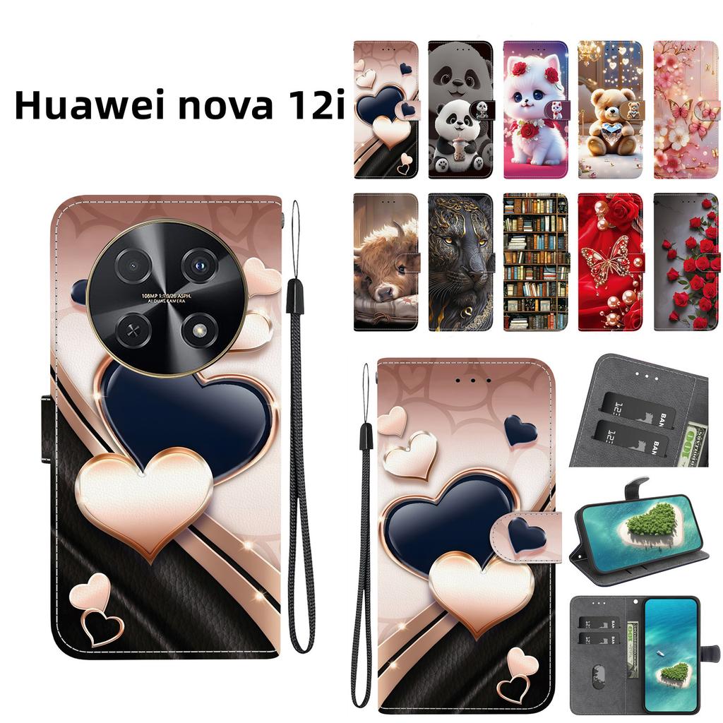 Handgefertigte PU-Leder-Klapphülle für Huawei nova 12i Rutschfeste Stoßfeste Hülle mit Handschlaufe & Herz/Rose Katze Designs