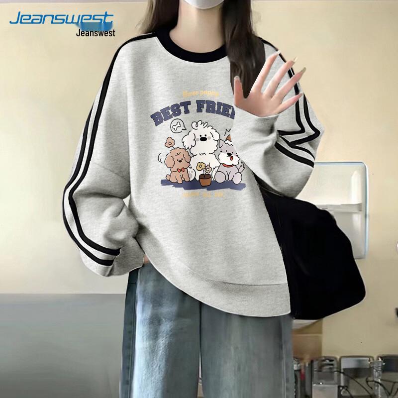 

JEANSWEST Women s American Style Striped Crew Neck Sweatshirt L