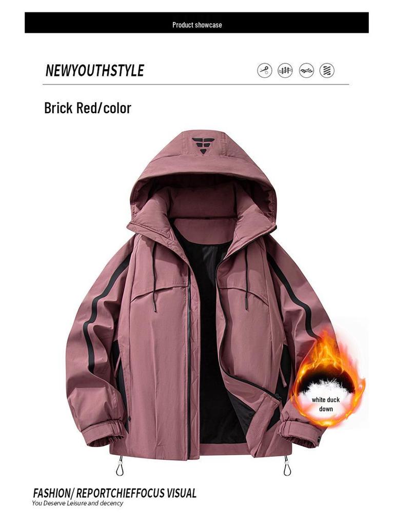 Men's Hooded Down Jacket with Stripes - Winter Casual Outerwear for Cold Protection and Mountaineering