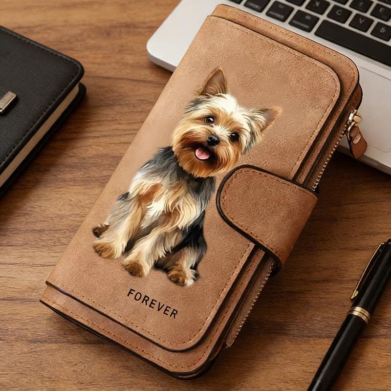 Women's PU Leather Long Wallet with Dog Print, Snap Button Closure, Multiple Pockets